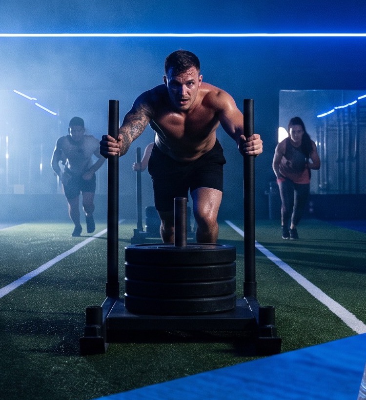 Atletas empujando sleds en las pistas de entrenamiento HYROX de RONDA, Montevideo