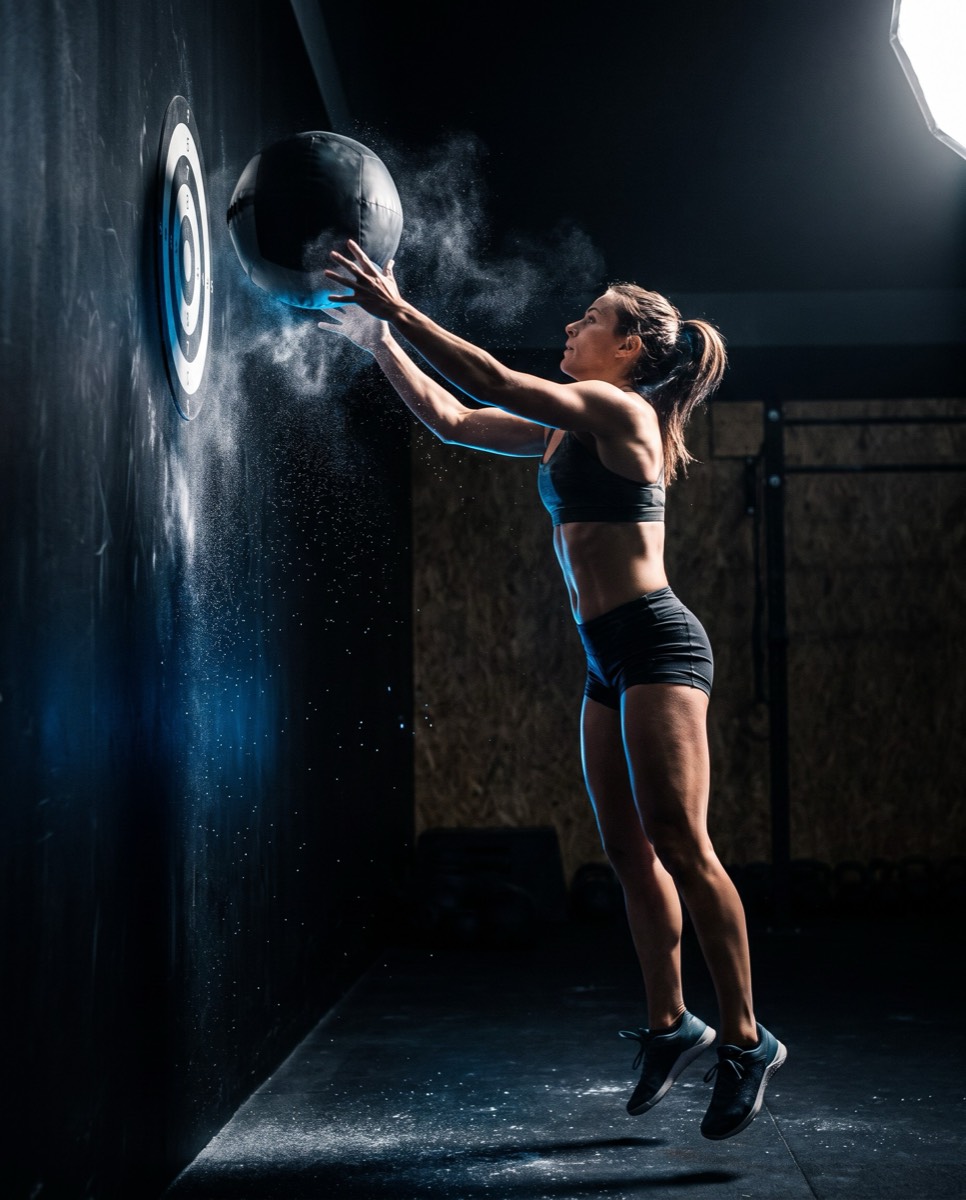Atleta lanzando wall ball al target en entrenamiento HYROX